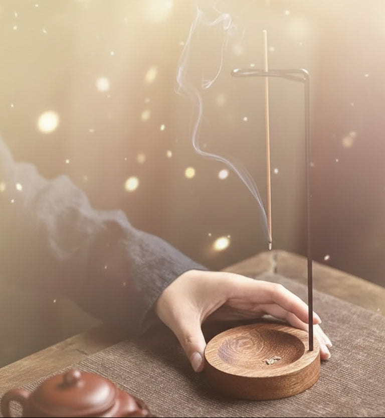 Wooden incense burner with incense sticks on a dark surface