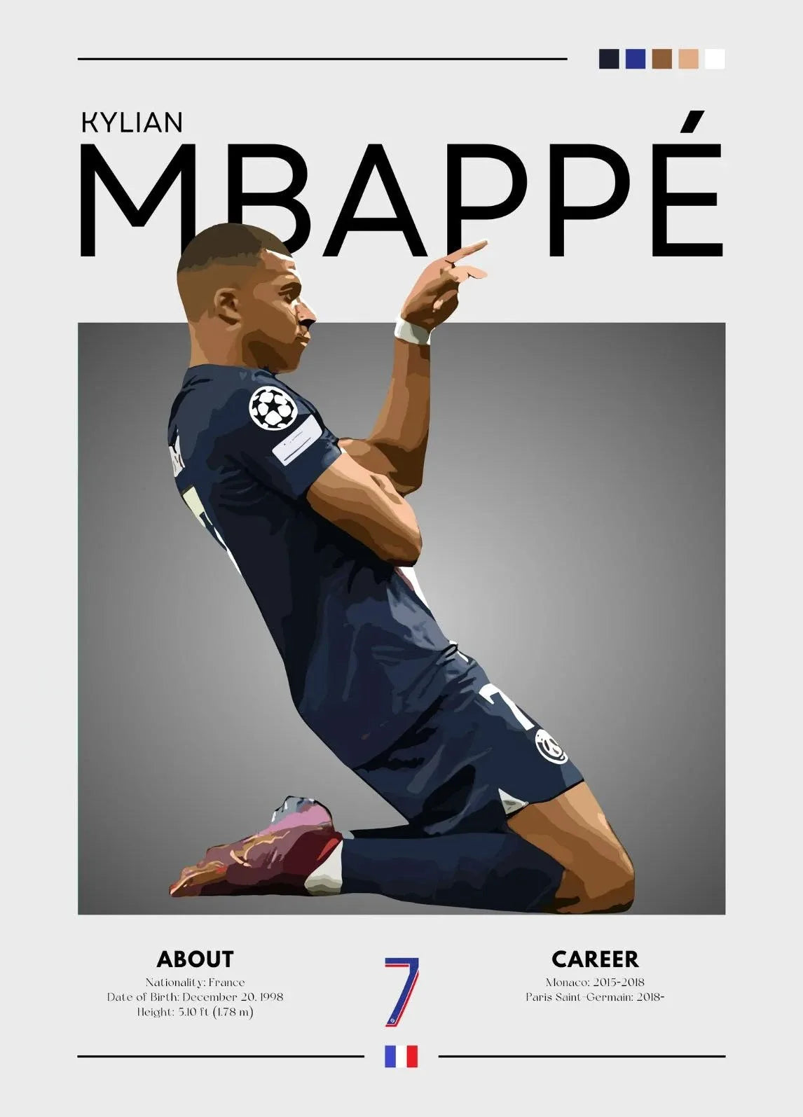 Soccer player Kylian Mbappé in a blue uniform with text and graphics on a gray background