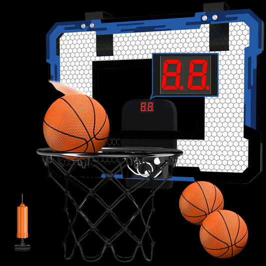 Basketball hoop set with digital scoreboard, basketballs, and pump on a white background