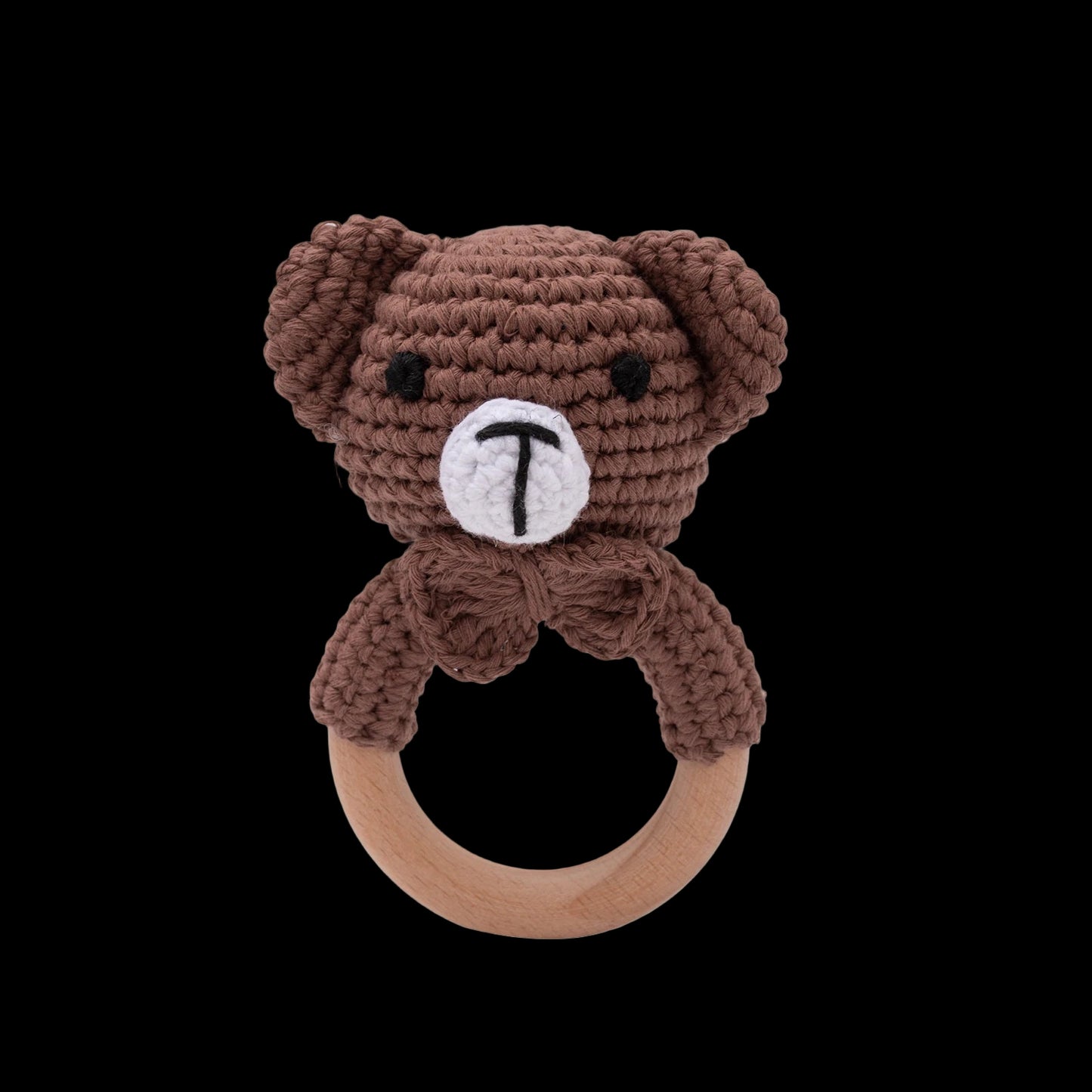 Brown teddy bear-shaped teething ring on a white background