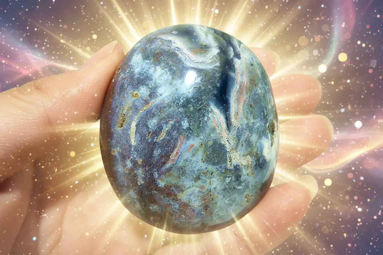 Marbled stone held in a hand with a blurred green background