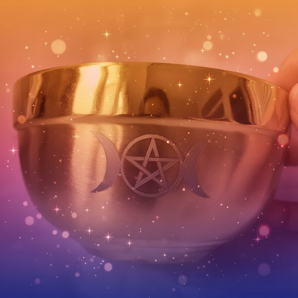Gold bowl with pentagram and moon symbols held by a hand on a white background