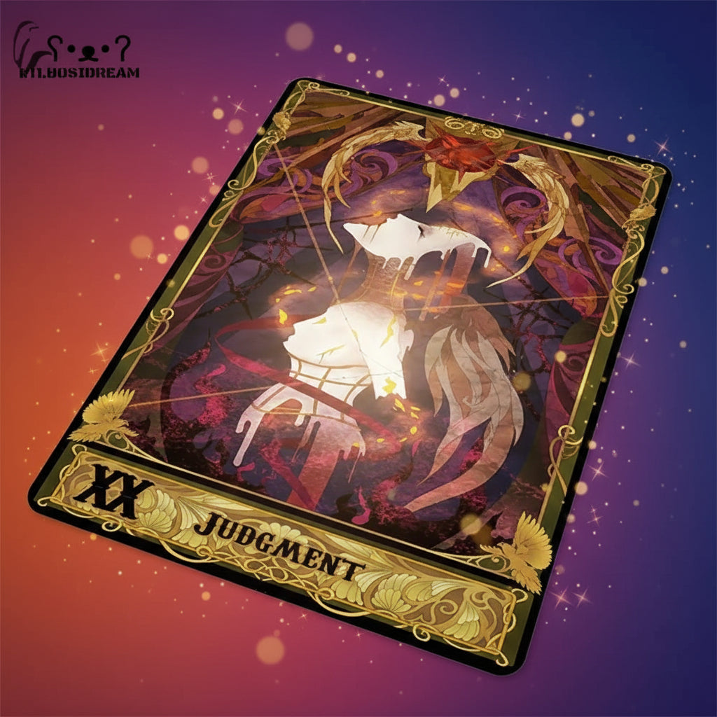 Decorative rug with 'Judgment' tarot card design on a wooden floor.