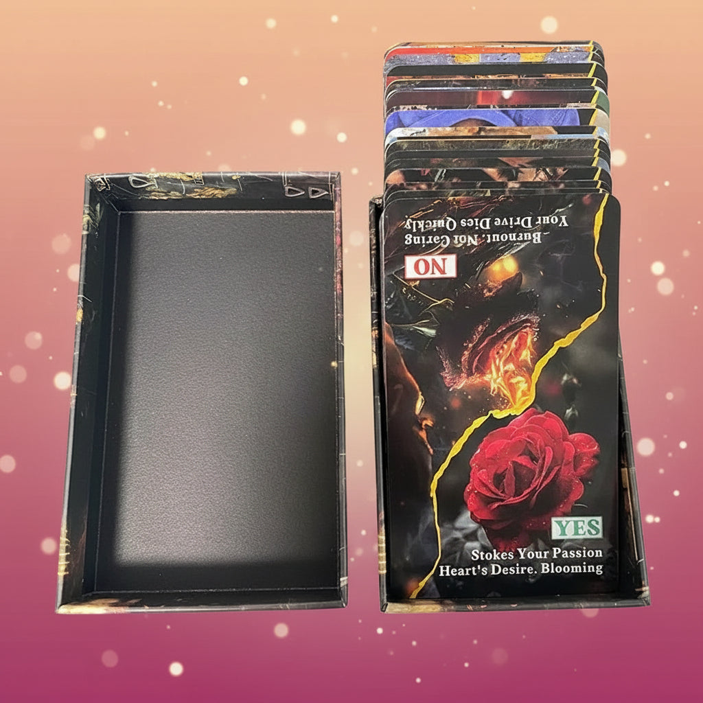 Set of cards with a black tray on a white background