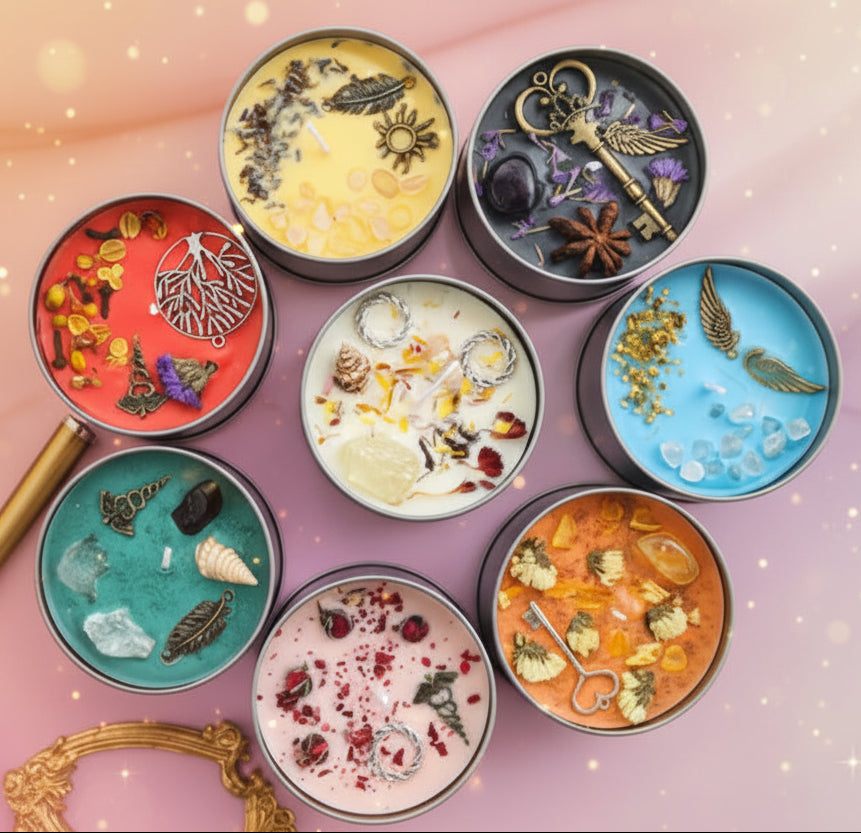 Assorted decorative tins with various designs on a white background