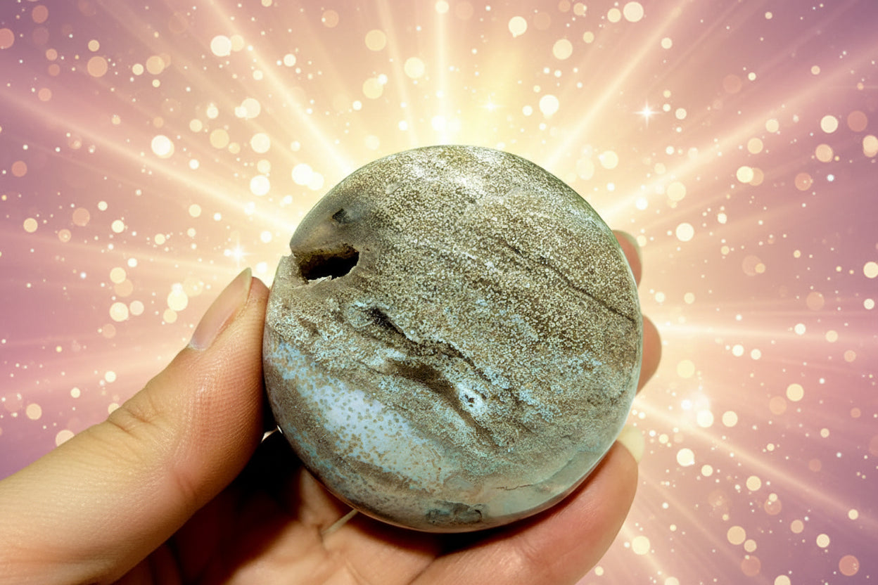 Round stone with a hole held in a hand, green leaves in the background