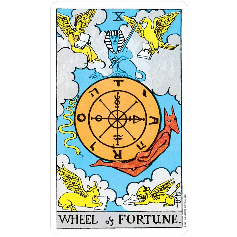 Tarot card titled 'Wheel of Fortune' with colorful symbols and text.
