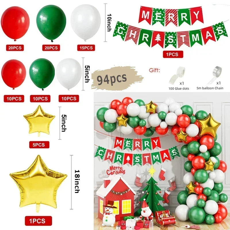 Christmas balloon arch kit with balloons, stars, and a 'Merry Christmas' banner on a white background.