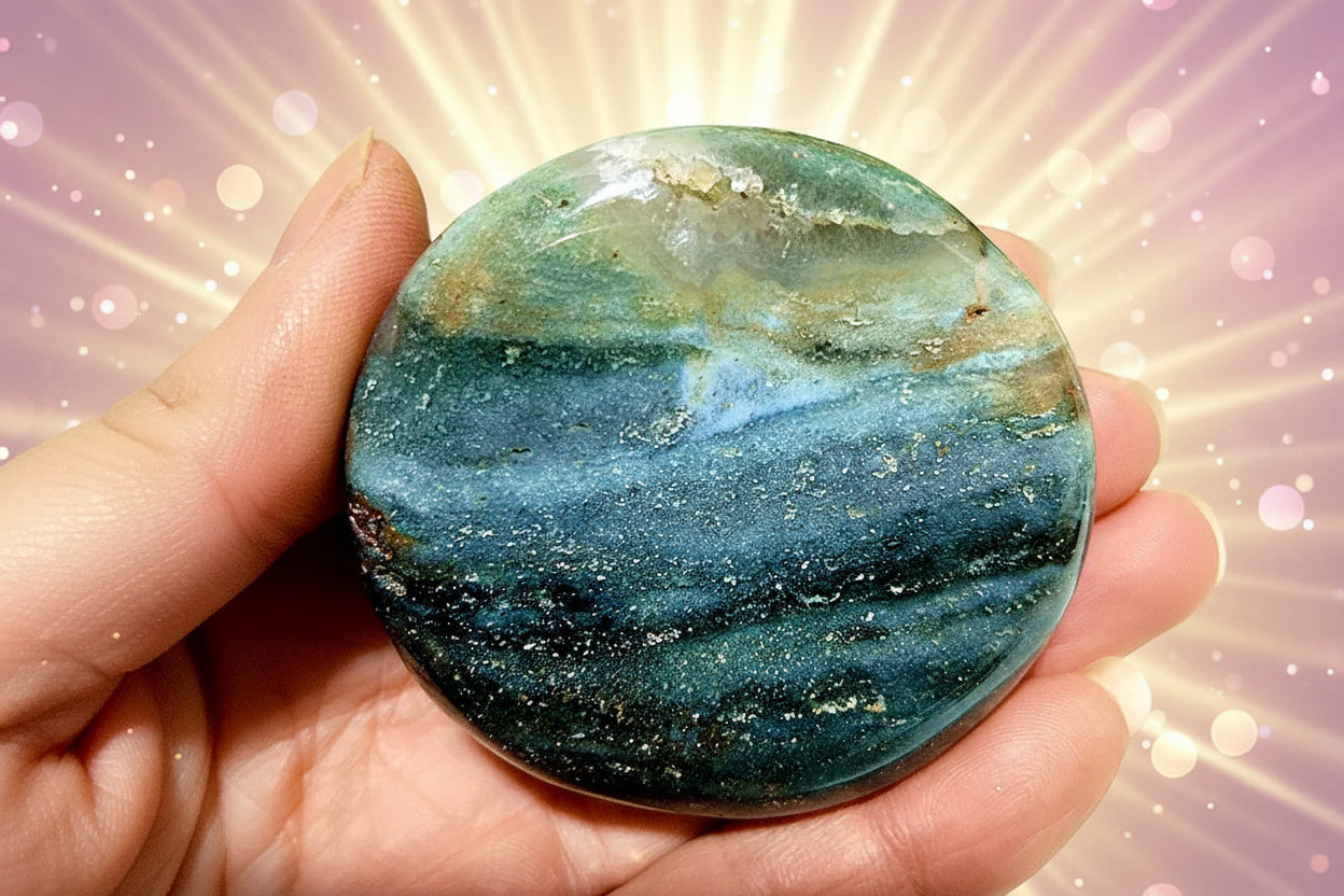 Hand holding a polished blue-green stone with a blurred green plant background