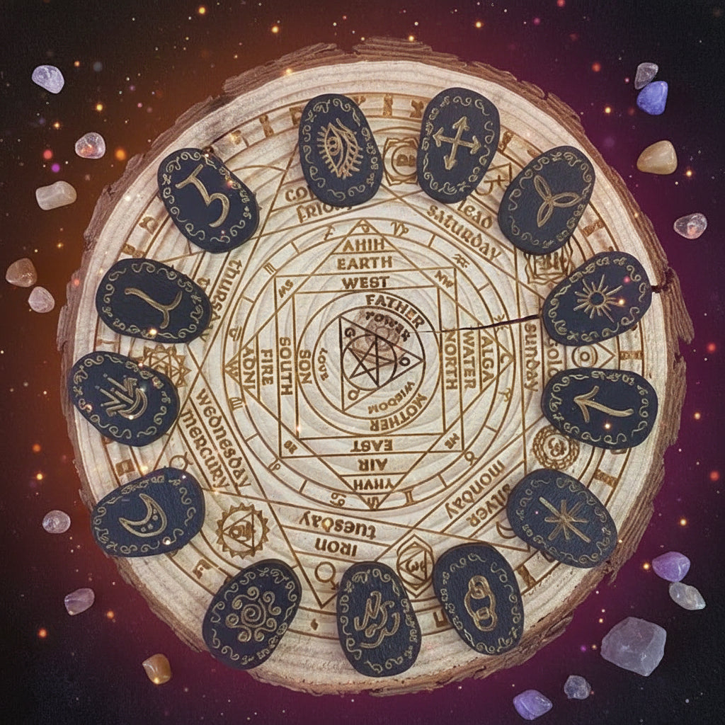 Wooden circular board with engraved symbols and text on a dark background with crystals.