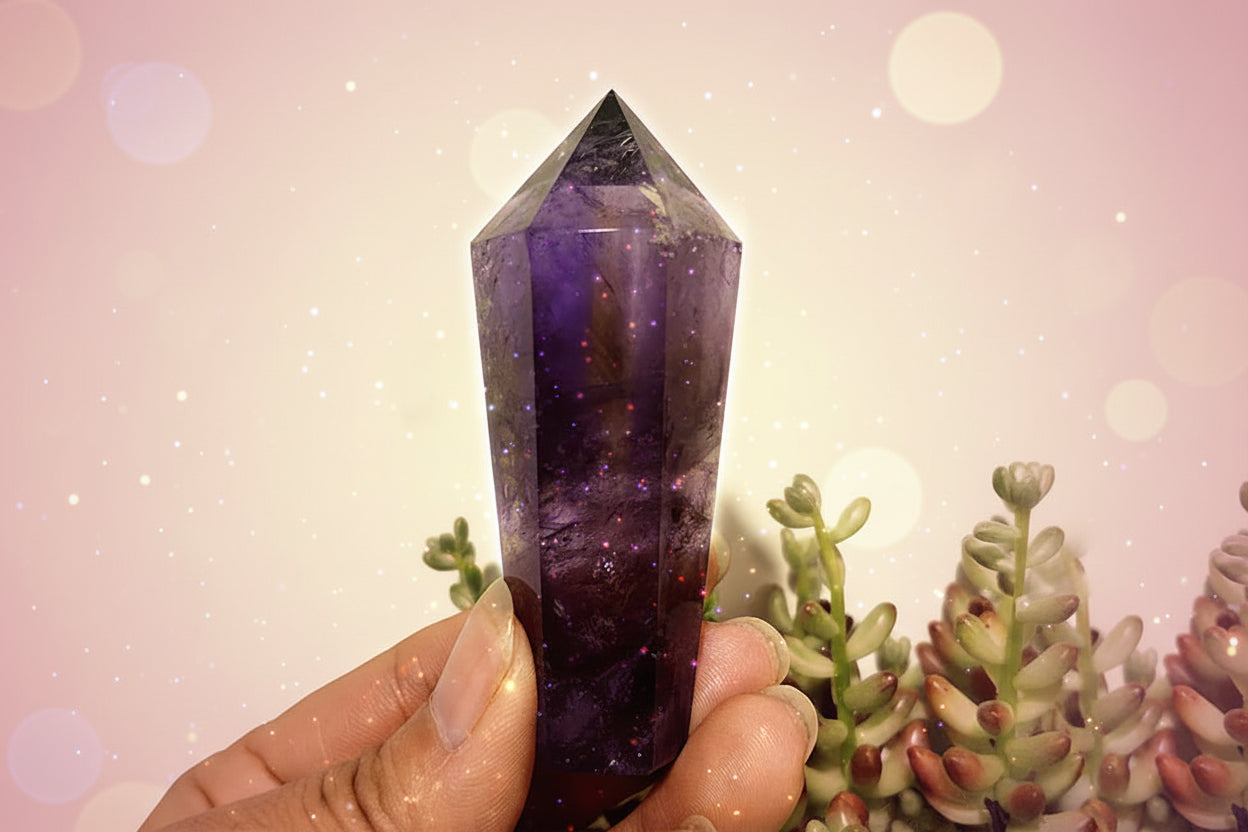 Amethyst crystal held by a hand with a green plant in the background
