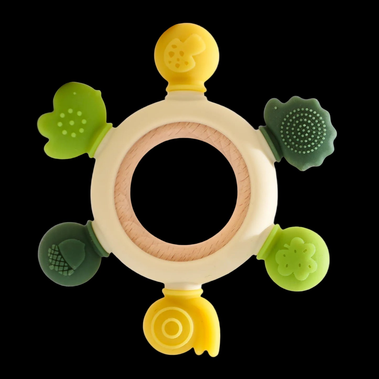 Baby teething ring with multiple textured sides on a white background