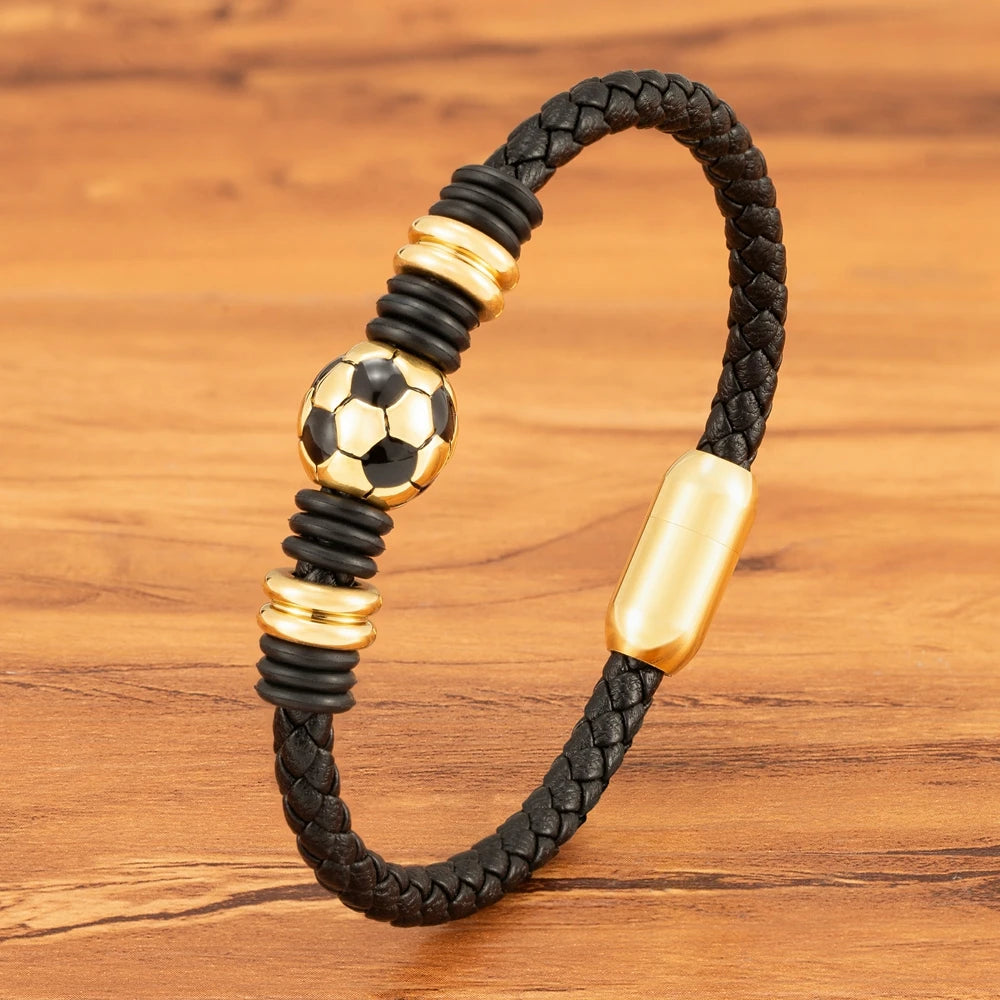 Leather Bracelet Black Stainless Steel Football Hand-Woven Men's Jewelry Gift