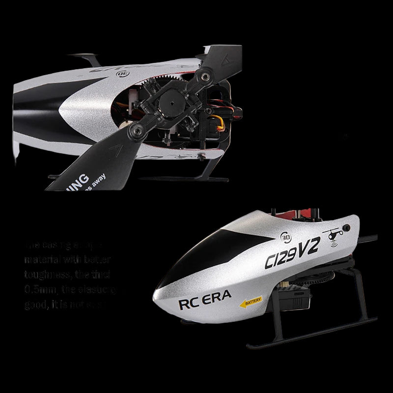 RC ERA helicopter with text on material strength and design features
