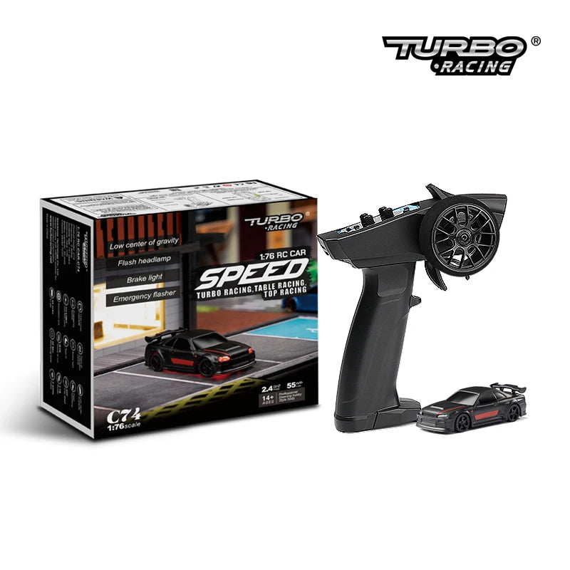 Turbo Racing RC car remote control and packaging on a white background