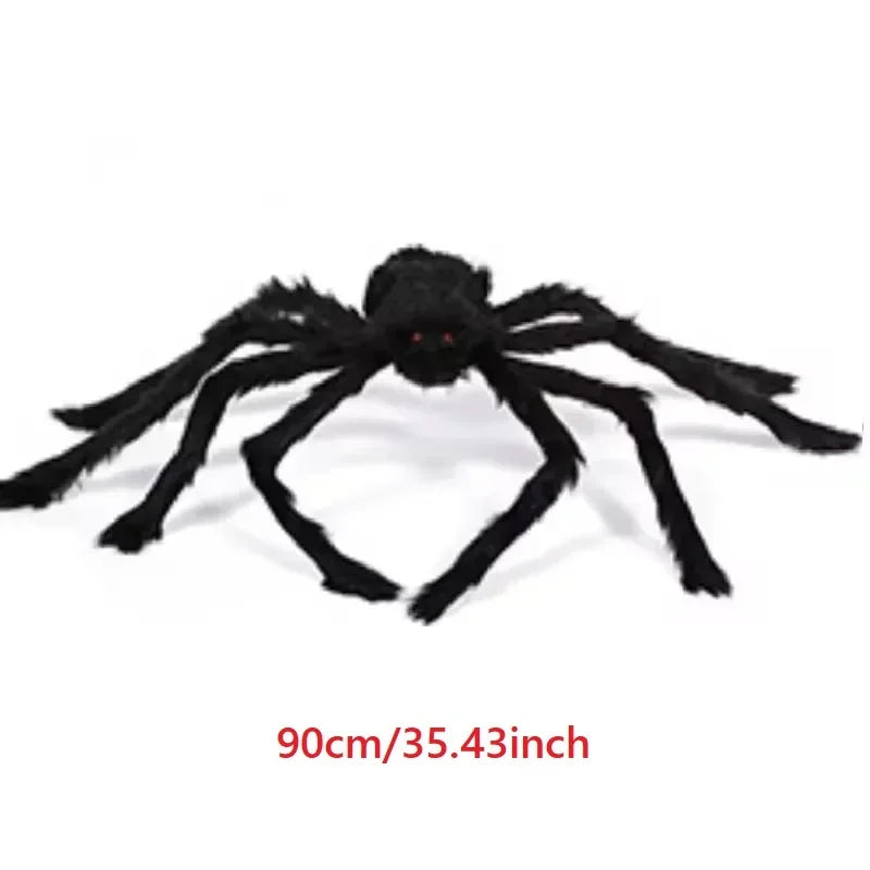 Large black spider toy with red eyes on a white background, labeled 90cm/35.43inch.