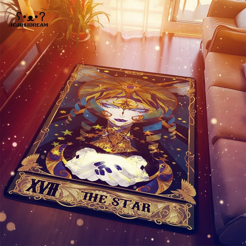 Decorative rug with tarot card design featuring a woman and text 'XVII The Star' on a wooden floor.