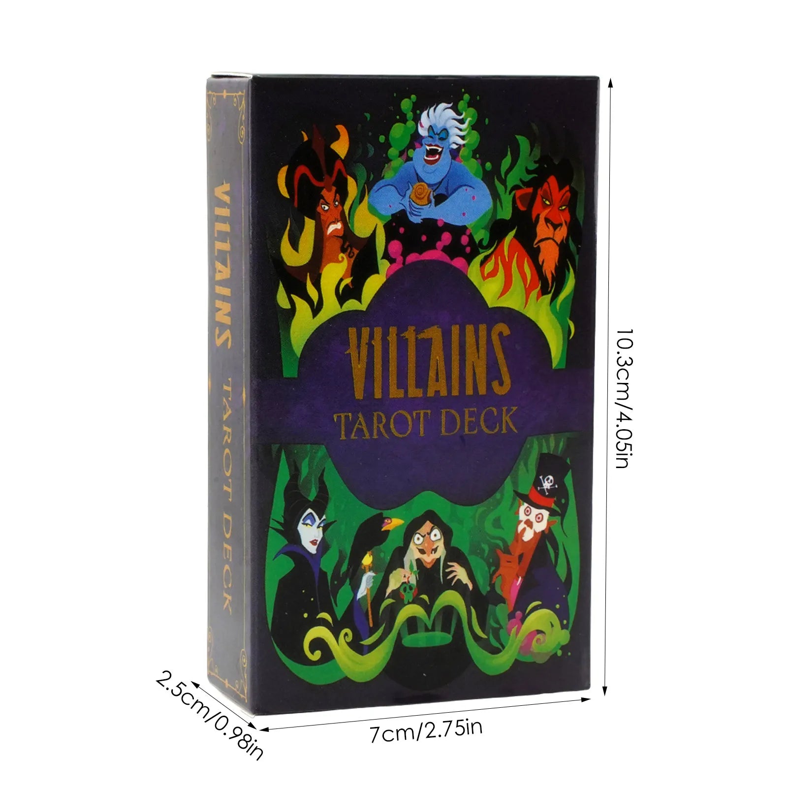 Villains Tarot Deck packaging with colorful illustrations of characters on a black background