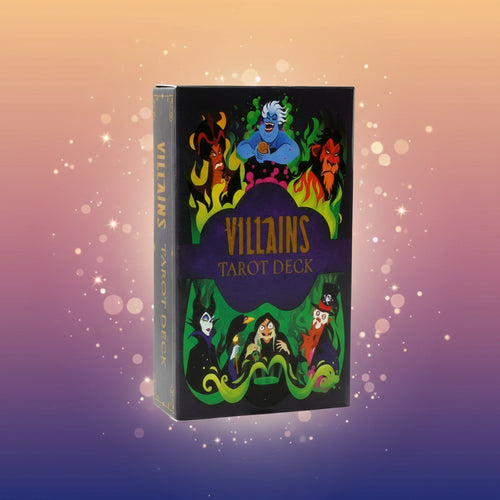 Villains Tarot Deck packaging with colorful illustrations of characters on a black background