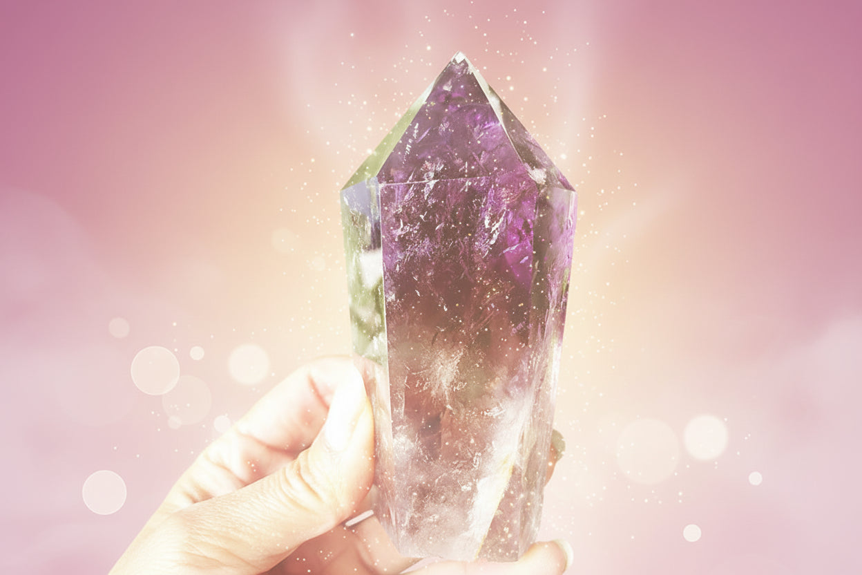 Amethyst crystal held in hand with green leaves in the background