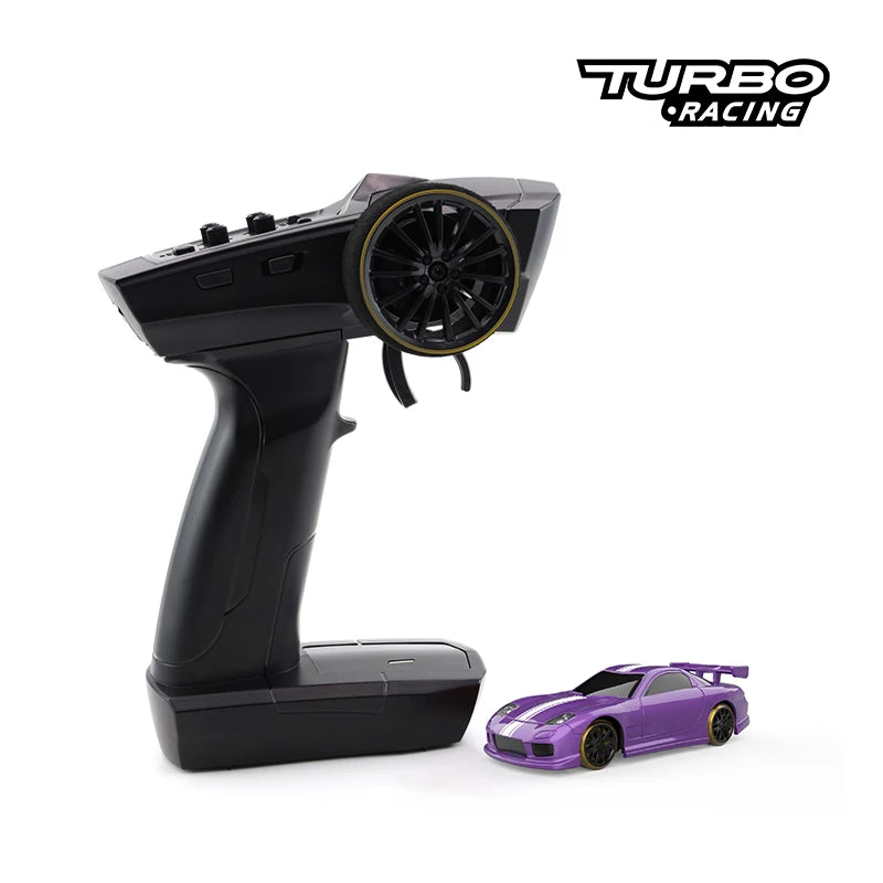 Black remote control with a purple toy car on a white background, featuring the Turbo Racing logo.
