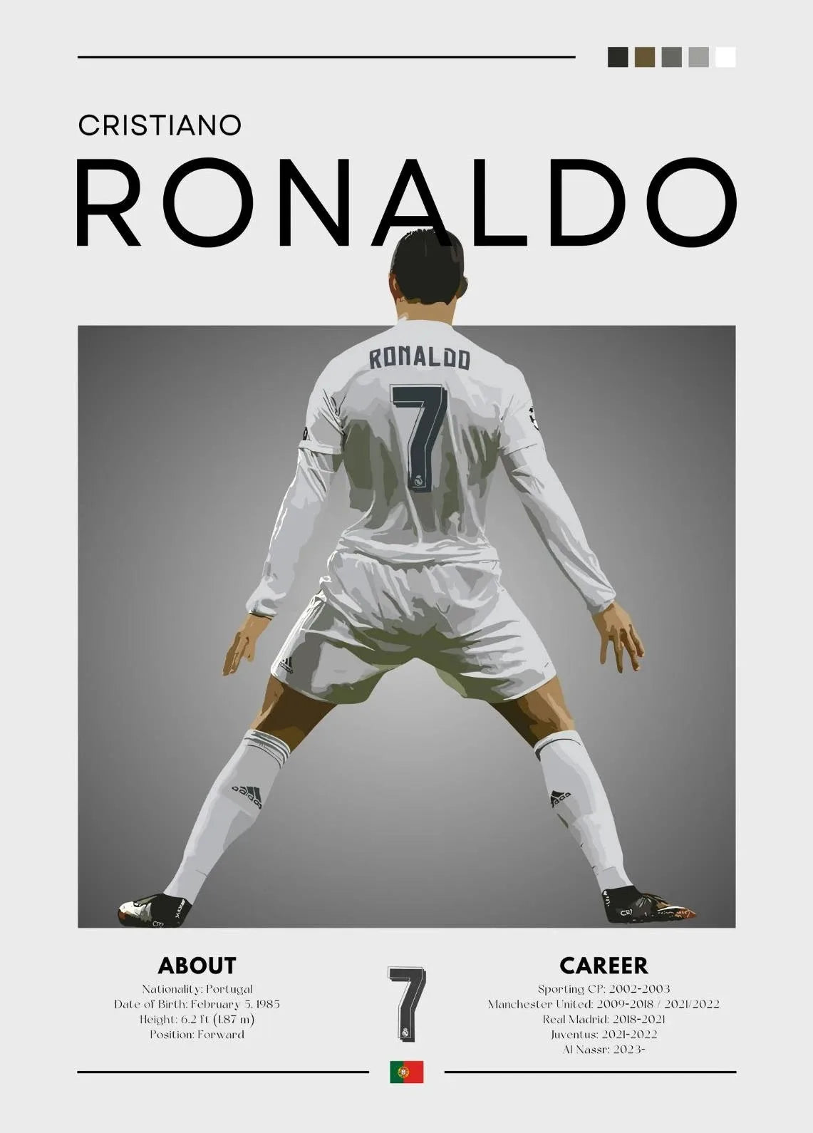 Poster of Cristiano Ronaldo in a white soccer jersey with the number 7 on a gray background.