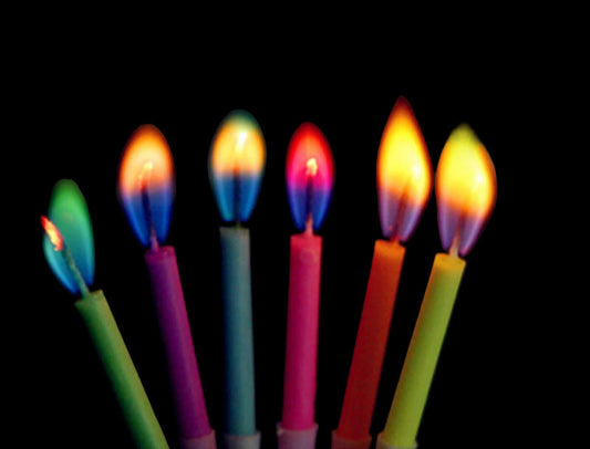 Colorful birthday candles on a cake with a blurred background