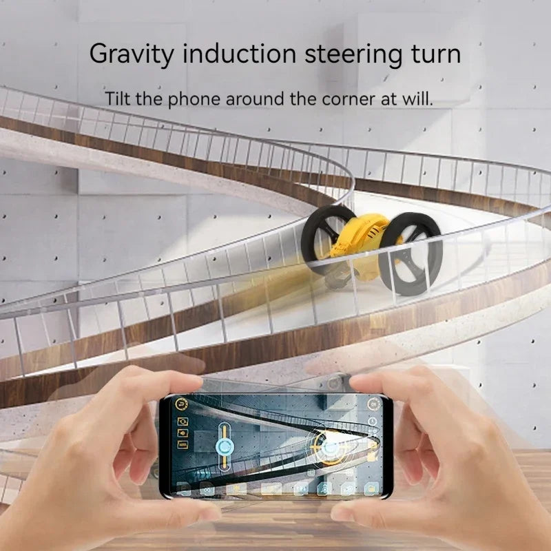 Phone-controlled toy car on a staircase with text about gravity induction steering.