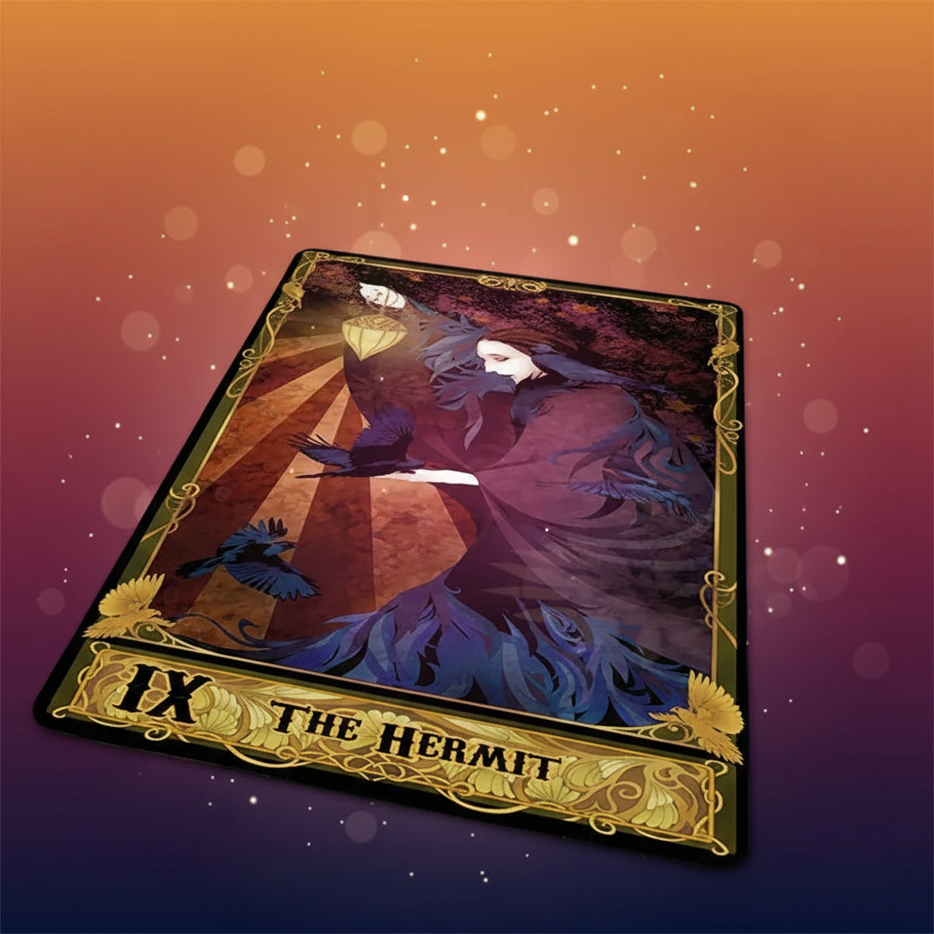 Decorative rug with 'The Hermit' tarot card design on a wooden floor.