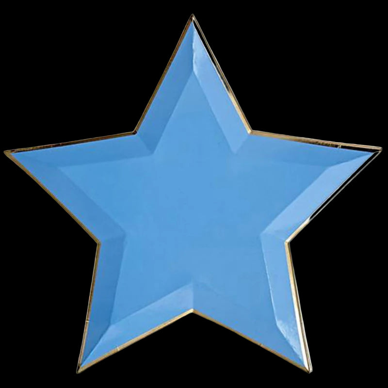 Blue star-shaped plate with gold rim on a white background