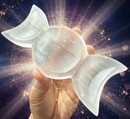 Selenite Triple Moon Bowl for Energy Charging | Moon Goddess Crystal Decor - Lucky Girl Gifts