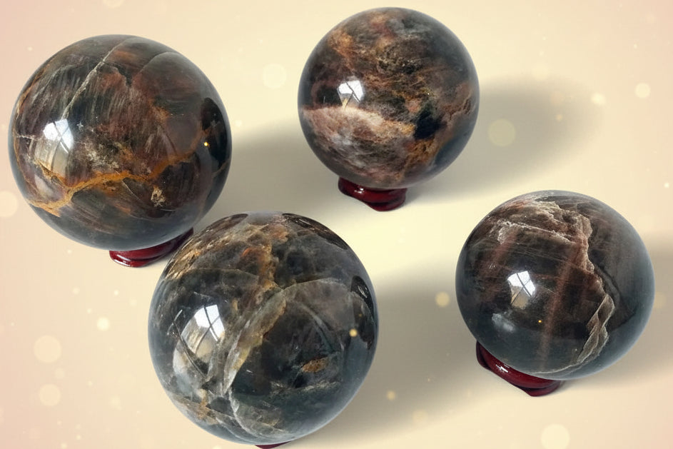 Four polished brown stone spheres on a white background