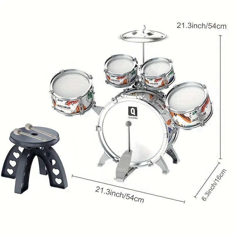 Children's drum set with measurements on a white background