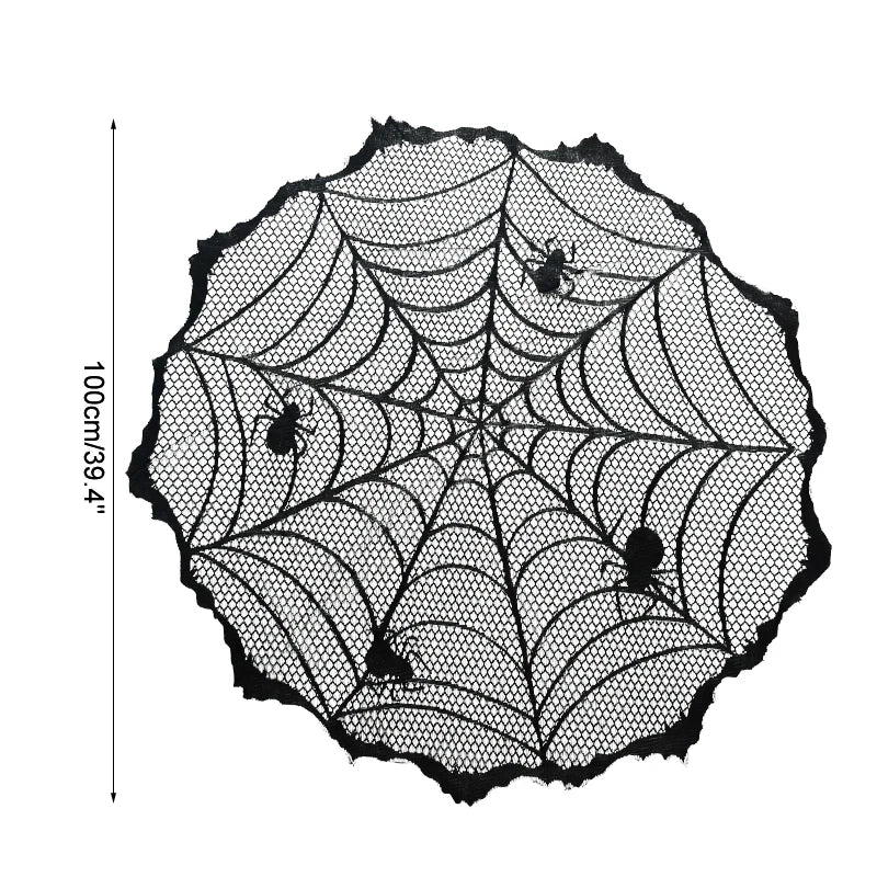 Black spider web design with spiders on a white background, featuring dimensions.