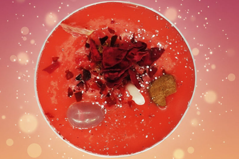 Red dish with garnishes on a gradient pink and orange background