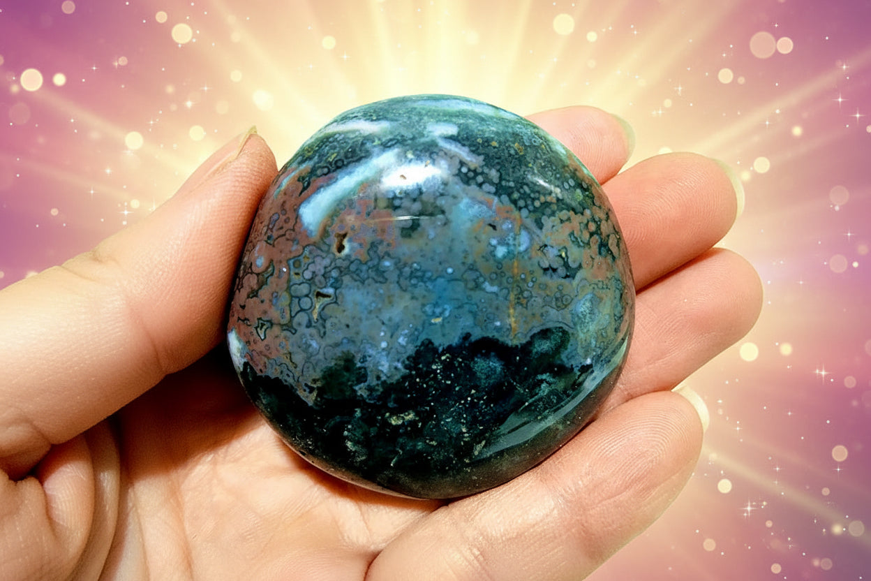 Polished blue-green stone held in a hand with a blurred green leafy background