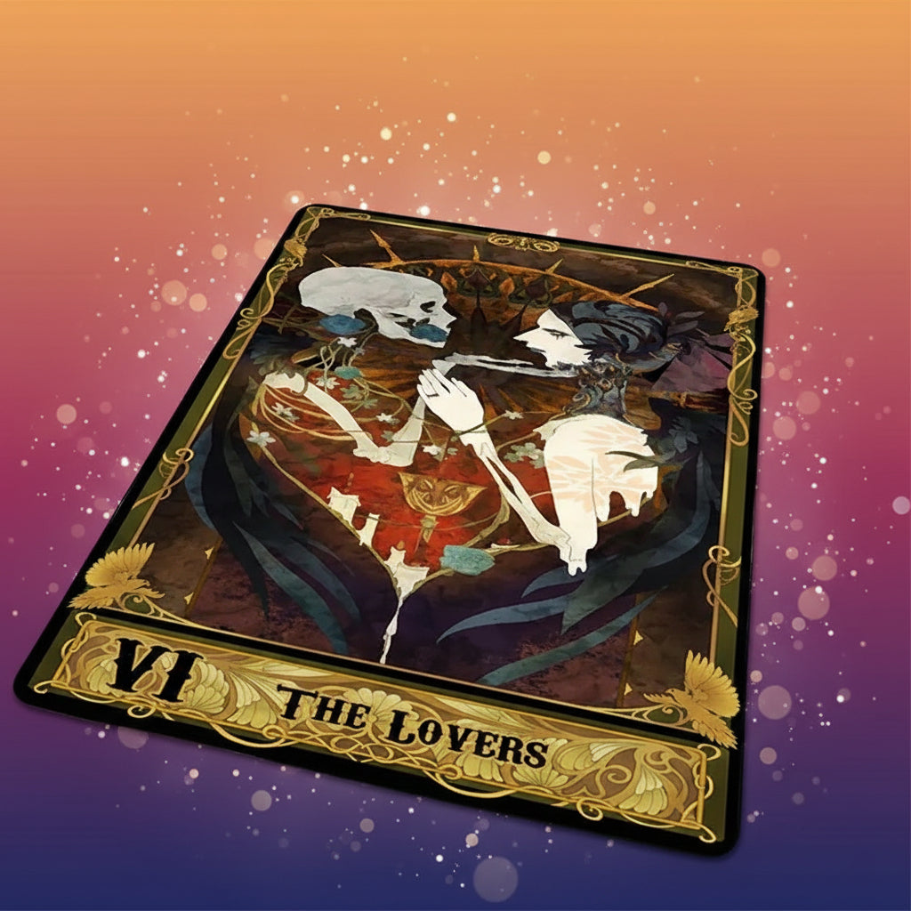 Decorative rug with 'The Lovers' tarot card design in a living room setting