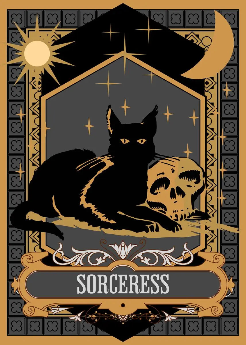 Decorative poster with a black cat and skull, labeled 'Sorceress', on a dark background.