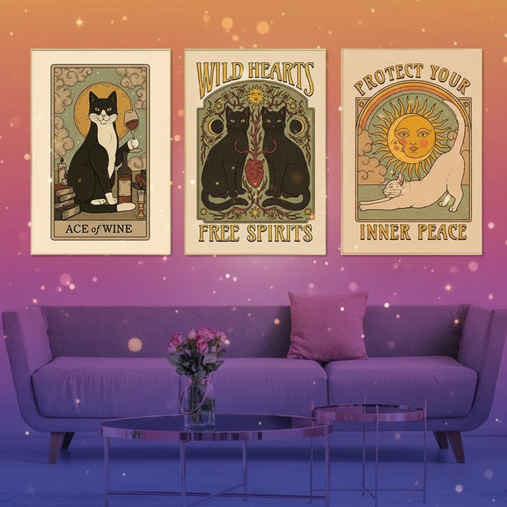Three framed posters with cat-themed artwork above a gray sofa in a living room.