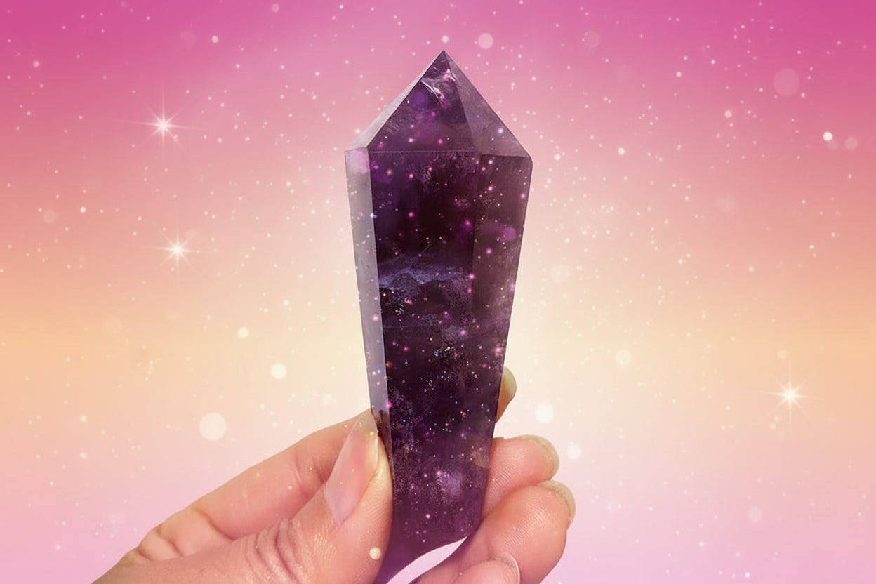 Hand holding a purple crystal with green plants in the background