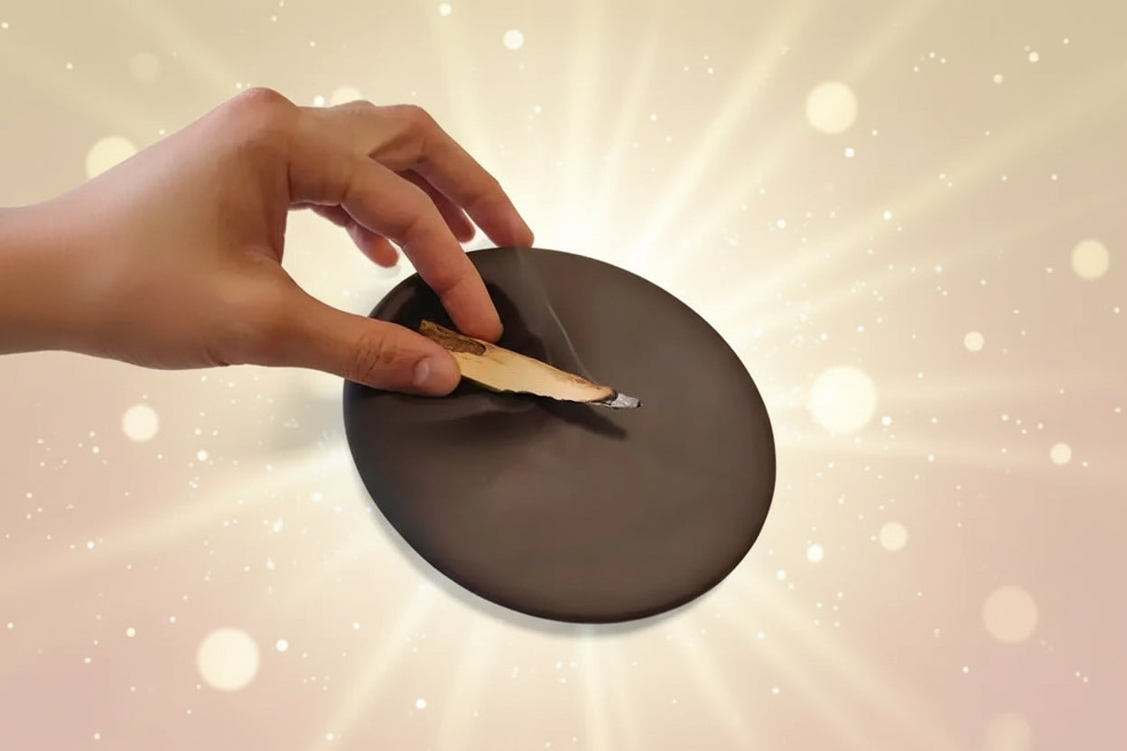 Hand placing a leaf on a dark brown circular object against a white background