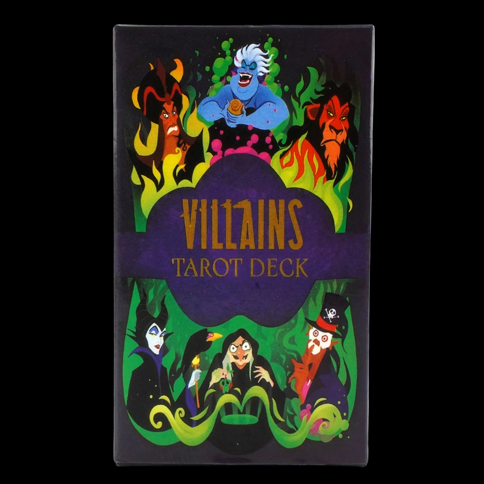 Villains Tarot Deck packaging with colorful illustrations on a black background