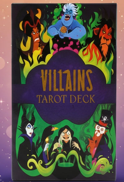 Villains Tarot Deck packaging with colorful illustrations on a black background