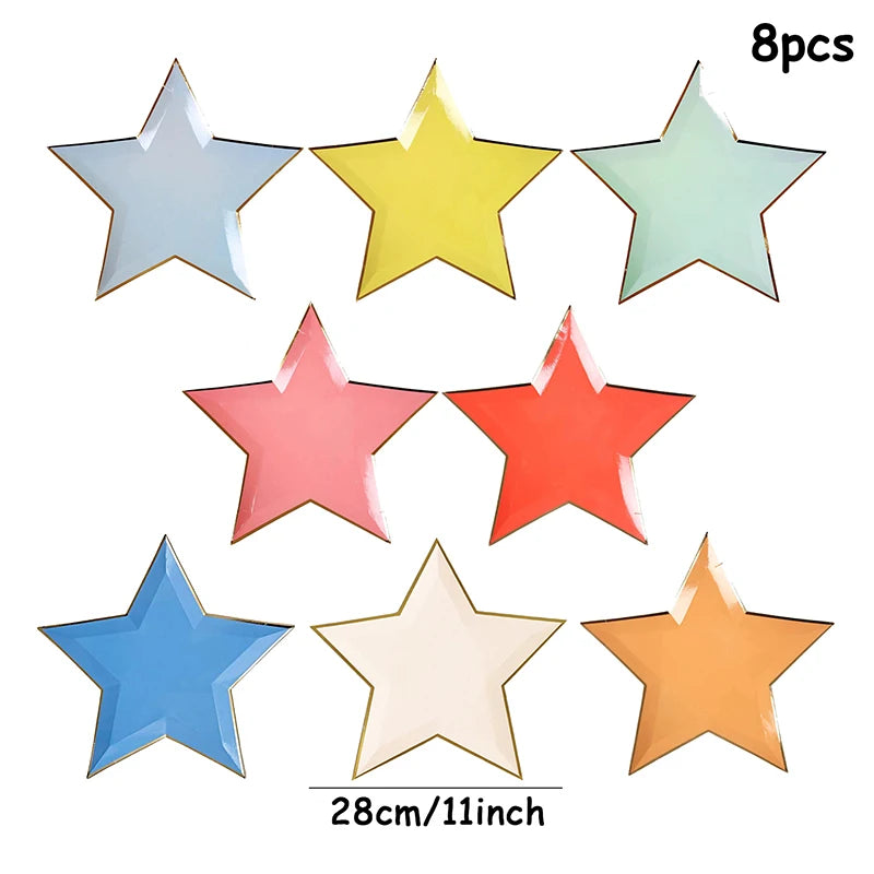 Set of eight colorful star-shaped plates on a white background