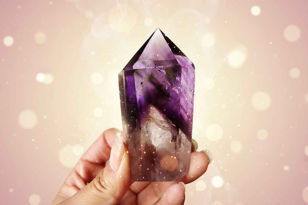Amethyst crystal held in a hand with green leaves in the background