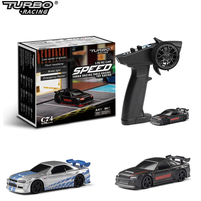 Turbo Racing RC car set with remote control, cars, and packaging on a white background