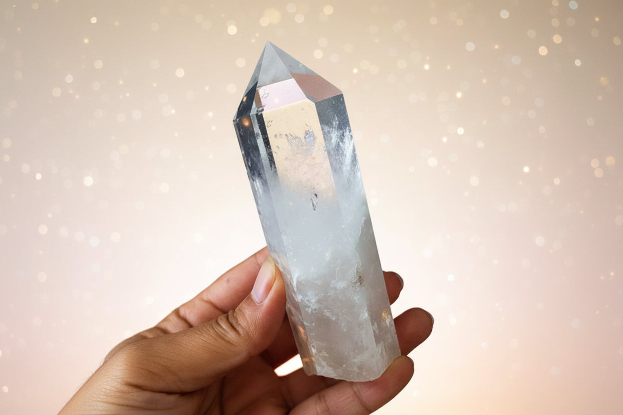 Clear crystal held in a hand against a dark background