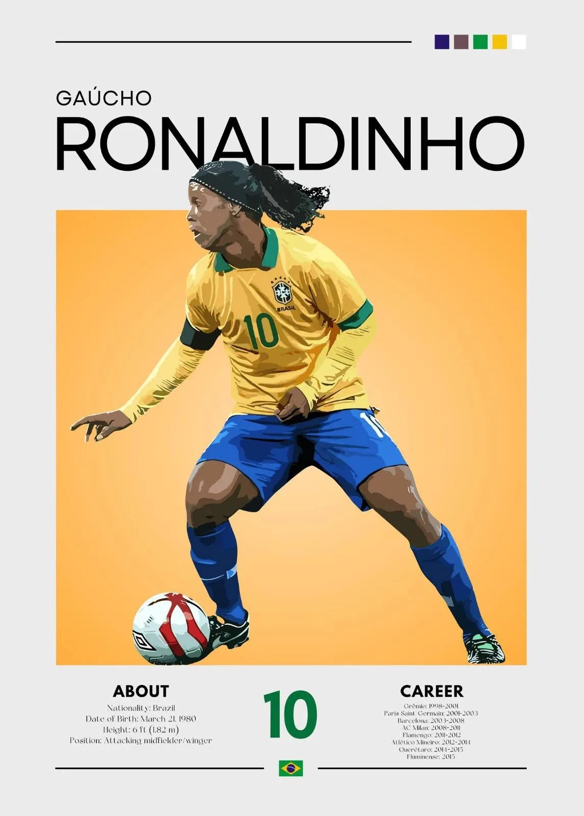 Soccer player in a yellow and blue uniform with a soccer ball on an orange background