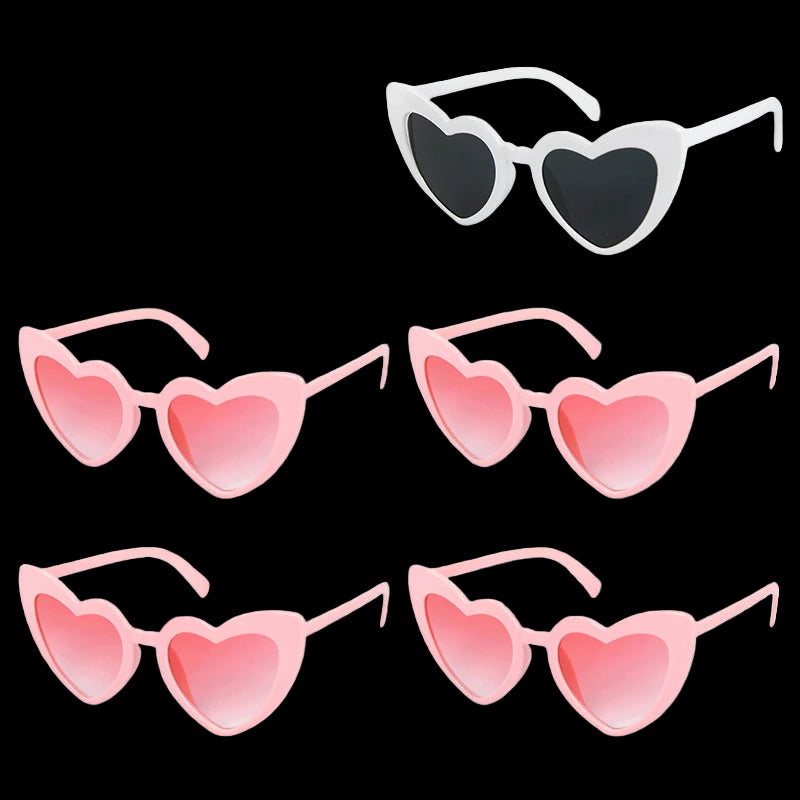 Set of heart-shaped sunglasses with dimensions and quantity on a white background