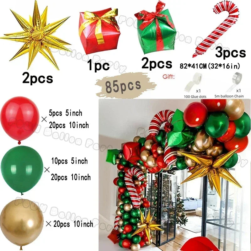 Collection of Christmas-themed balloons and decorations with product details on a white background.